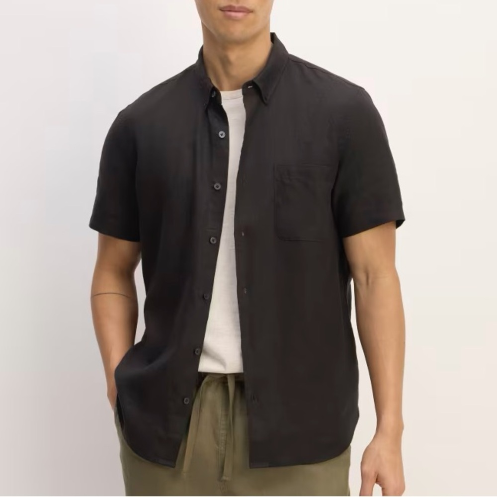 Everlane M classic short sleeve linen button up collar shirt solid black regular